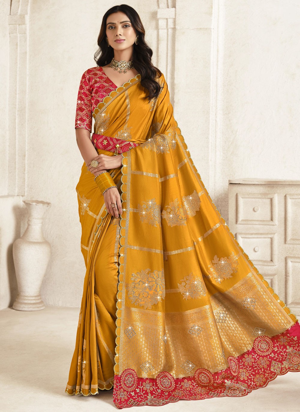 Contemporary Cut Work Mustard Silk S12858