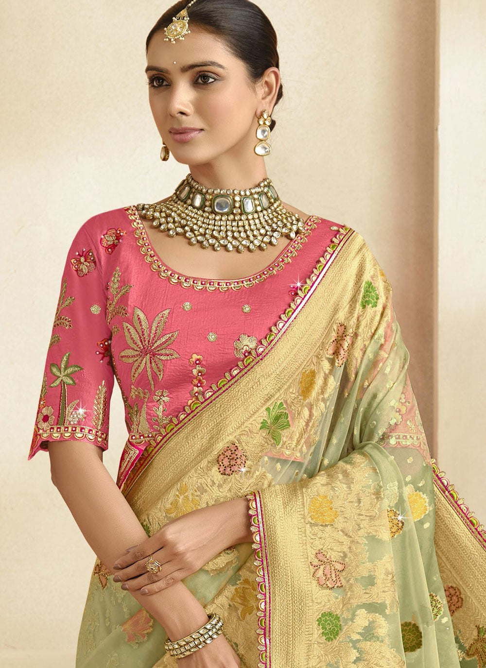 Cut Work Silk Green Contemporary Saree S15465