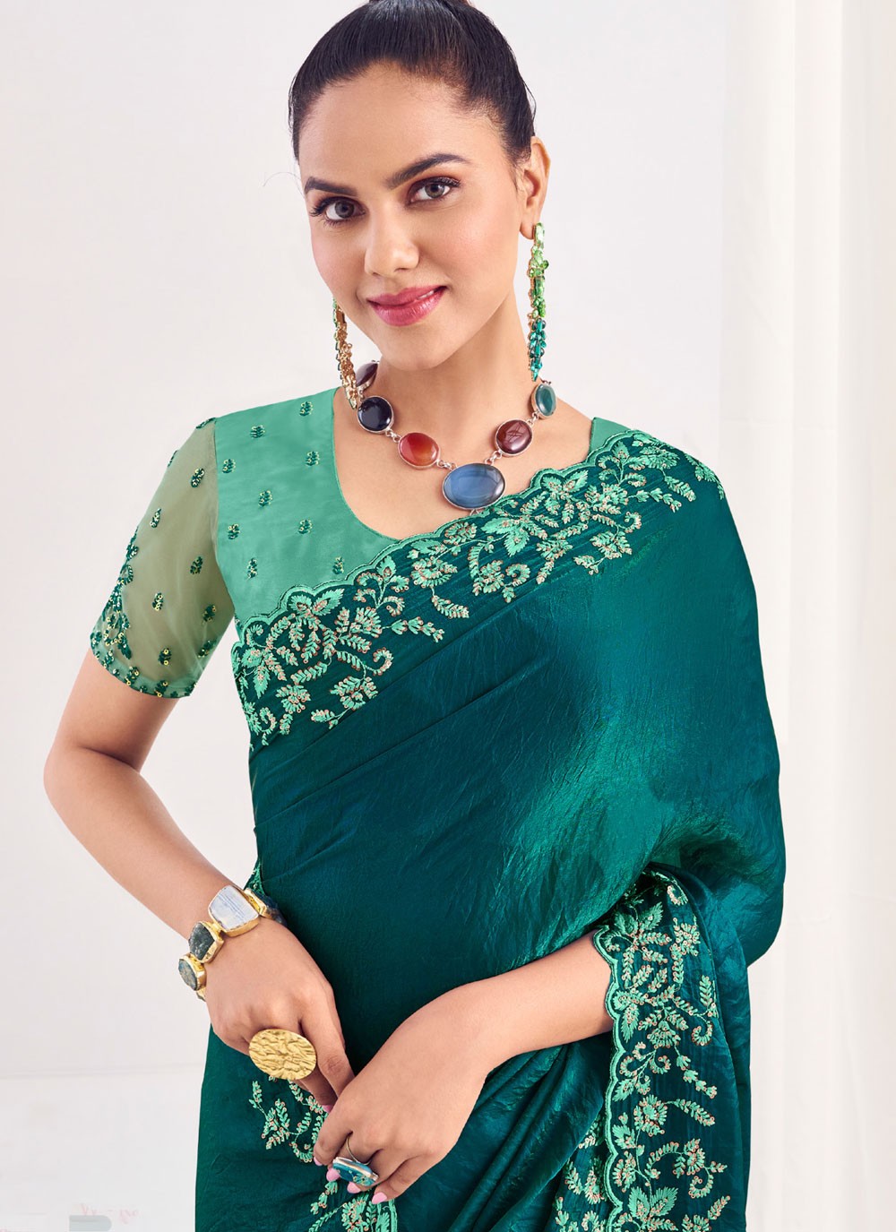 Trendy Saree Border Work Green, Teal Silk Saree S12571
