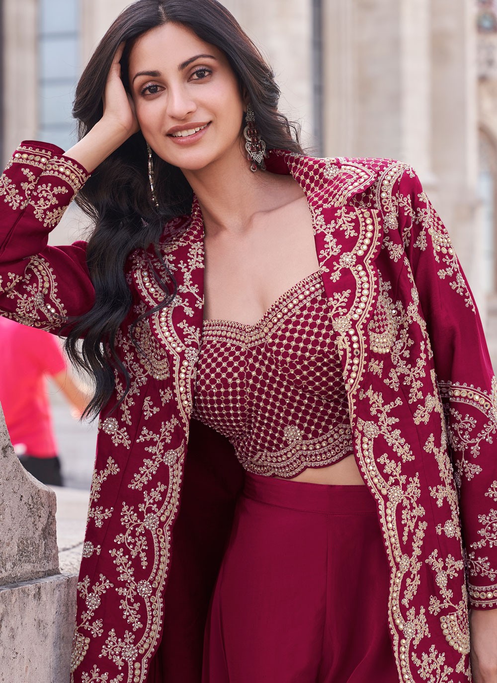 Palazzo Suit Embroidered Pink Silk T5425