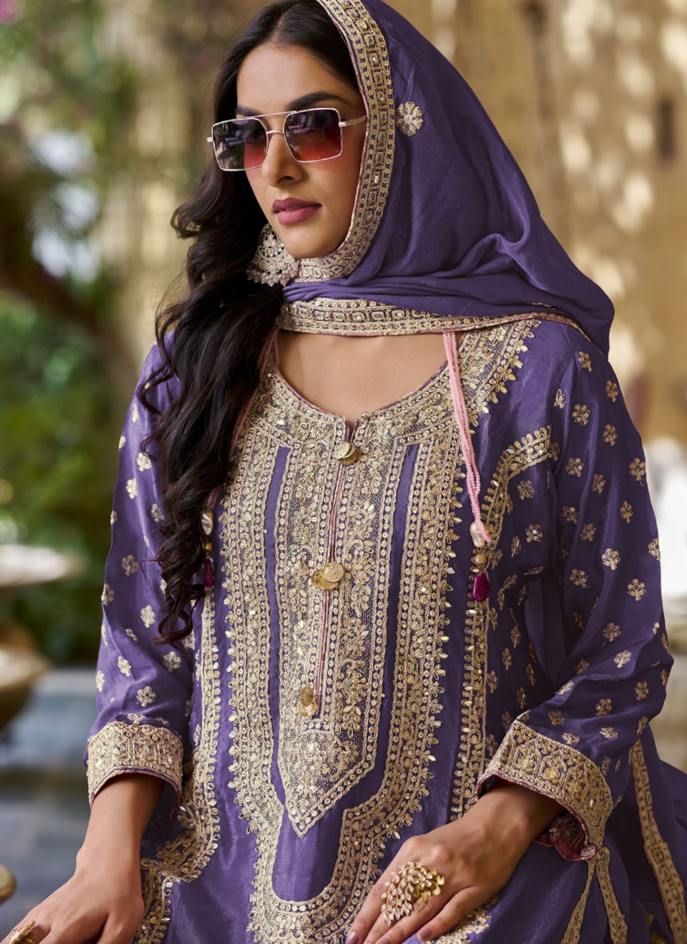 Palazzo Suit Embroidered, Mirror, Sequins, Zari Lavender T6744