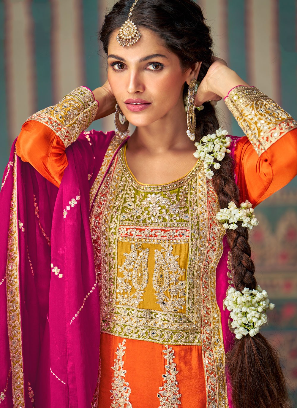 Salwar Suit Embroidered Orange Chinon T5739