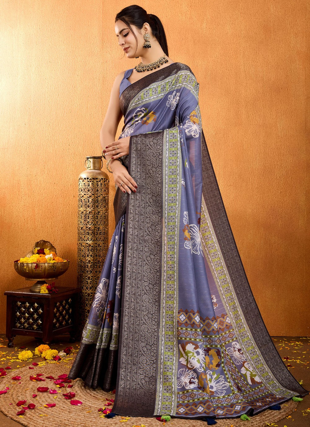 Floral Printed Silk Blue Saree S14016