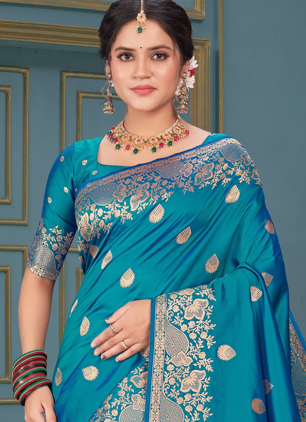 Designer Jacquard Work Blue Silk S12851