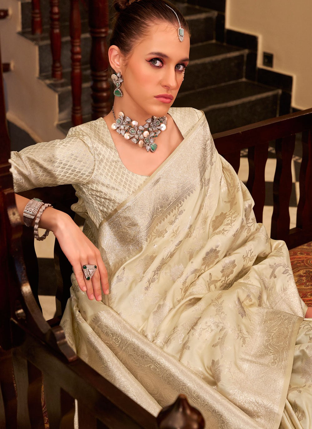 Weaving Zari Satin Silk Cream Designer Saree S15408