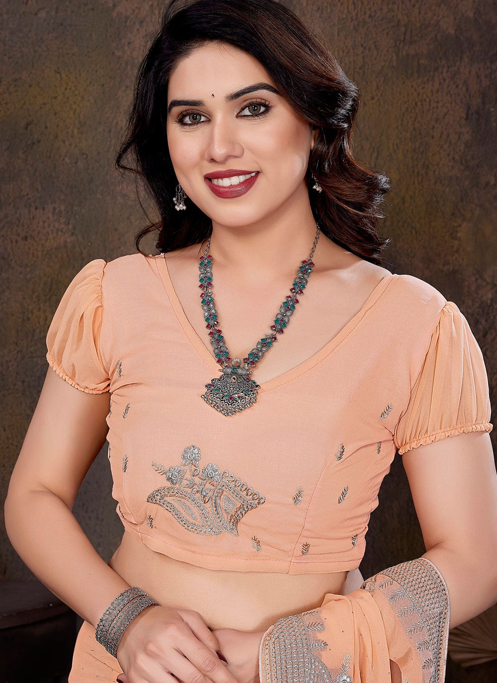 Embroidered Georgette Peach Designer Saree S15019