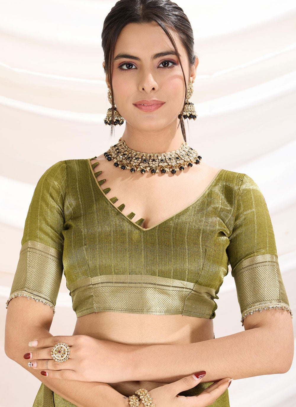 Fancy Work Linen Green Designer Saree S15367