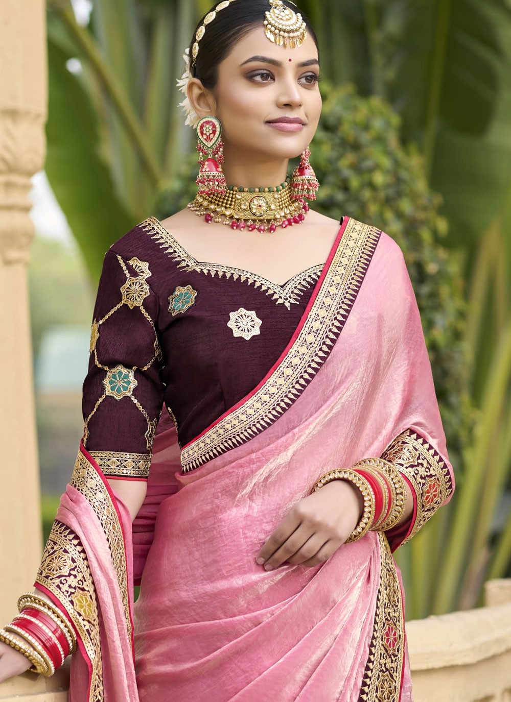 Border Work Silk Pink Designer Saree S15362