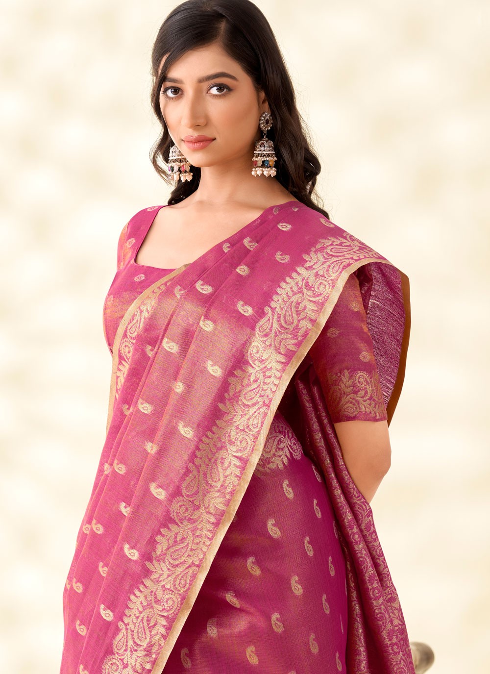 Hot Pink Silk Designer Saree Buttis, Weaving Zari, Zari S17893