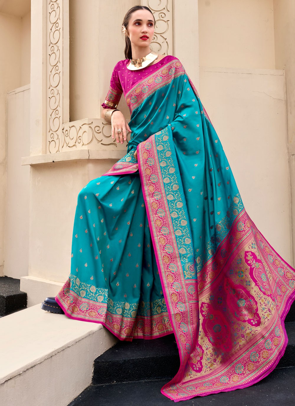Weaving Zari Banarasi Silk Rama Saree S14664