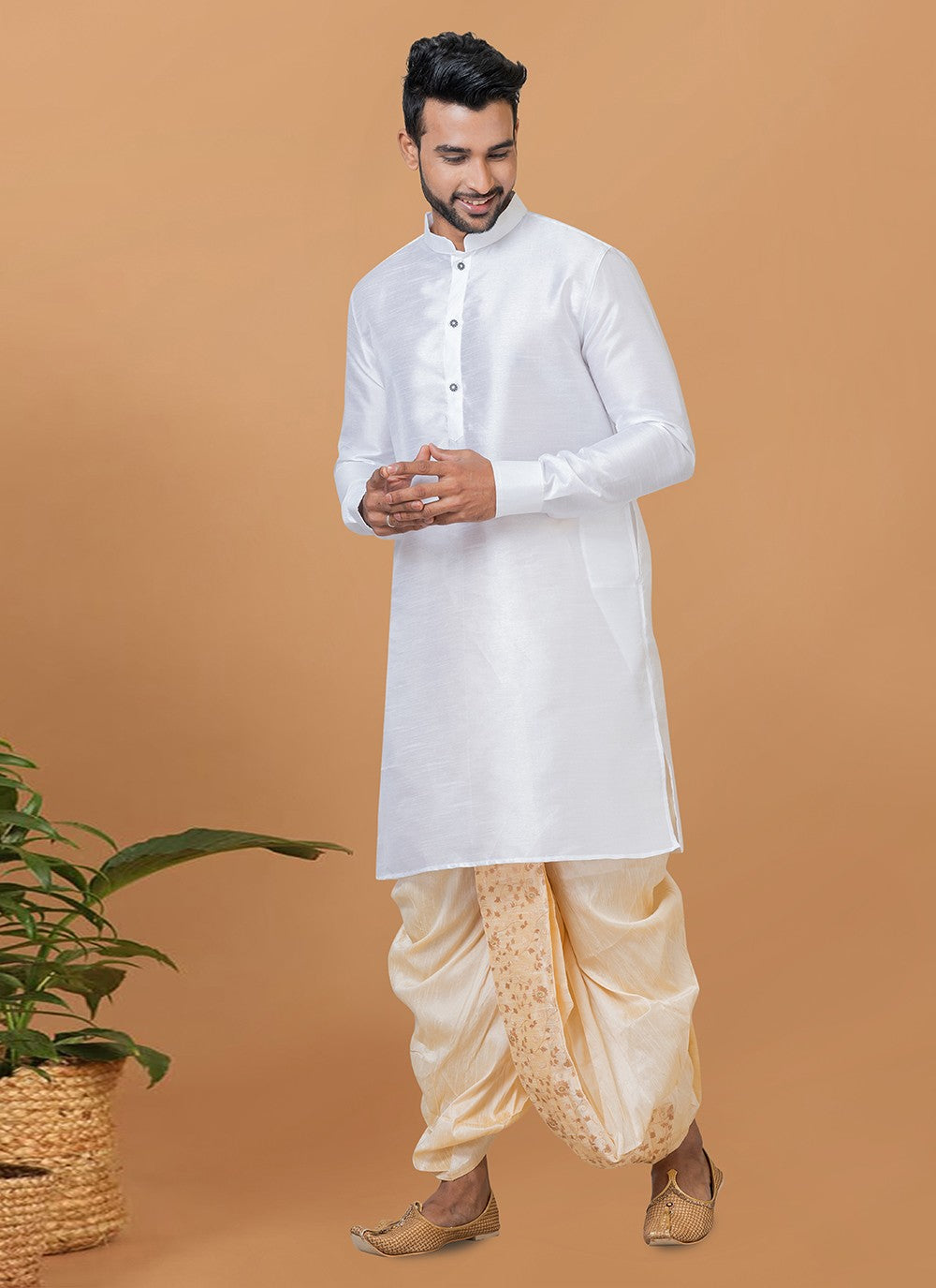 Plain Banarasi Silk White Dhoti Kurta - M5942