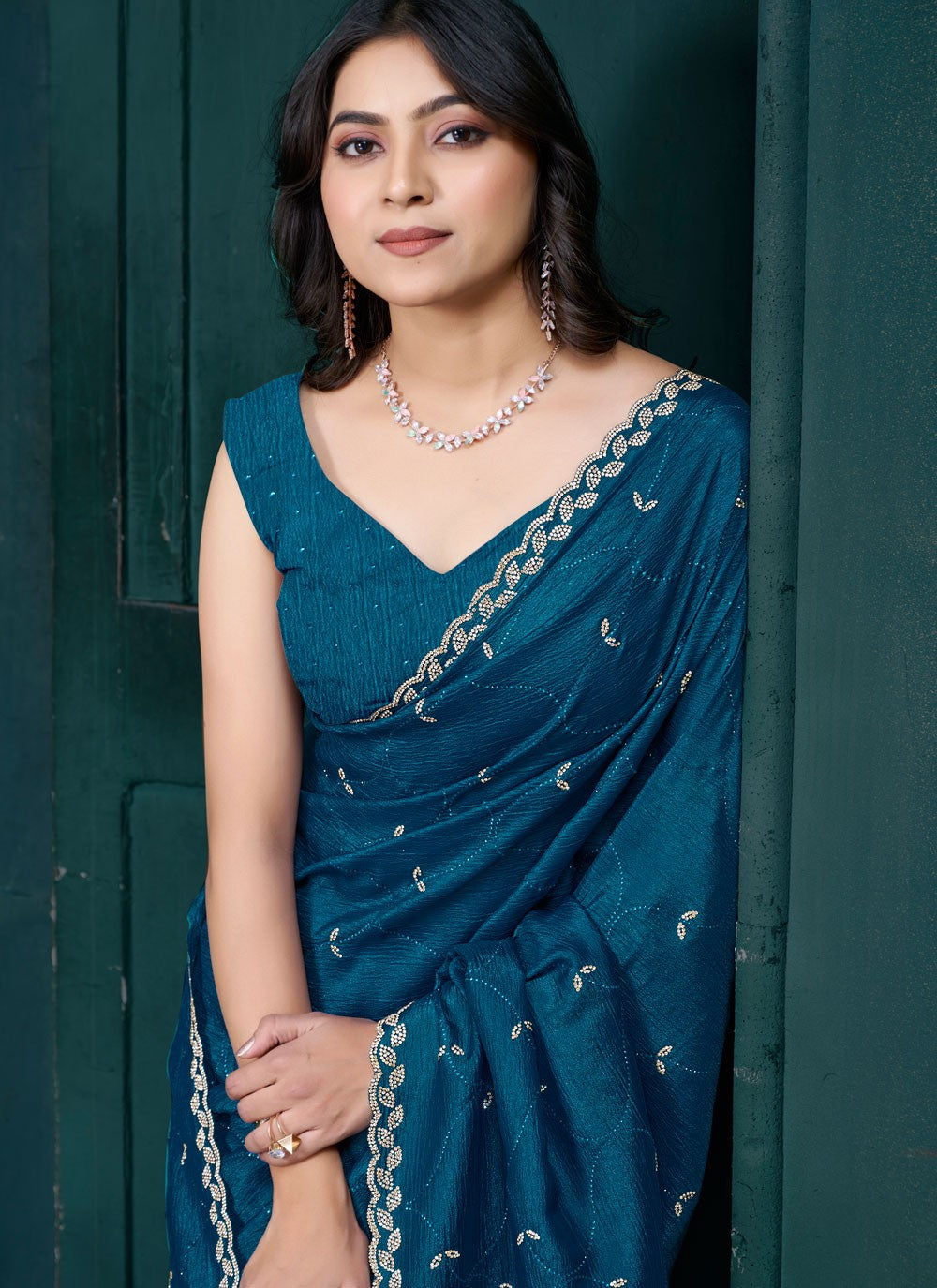 Diamond Crepe Silk Teal Classic Saree S15085