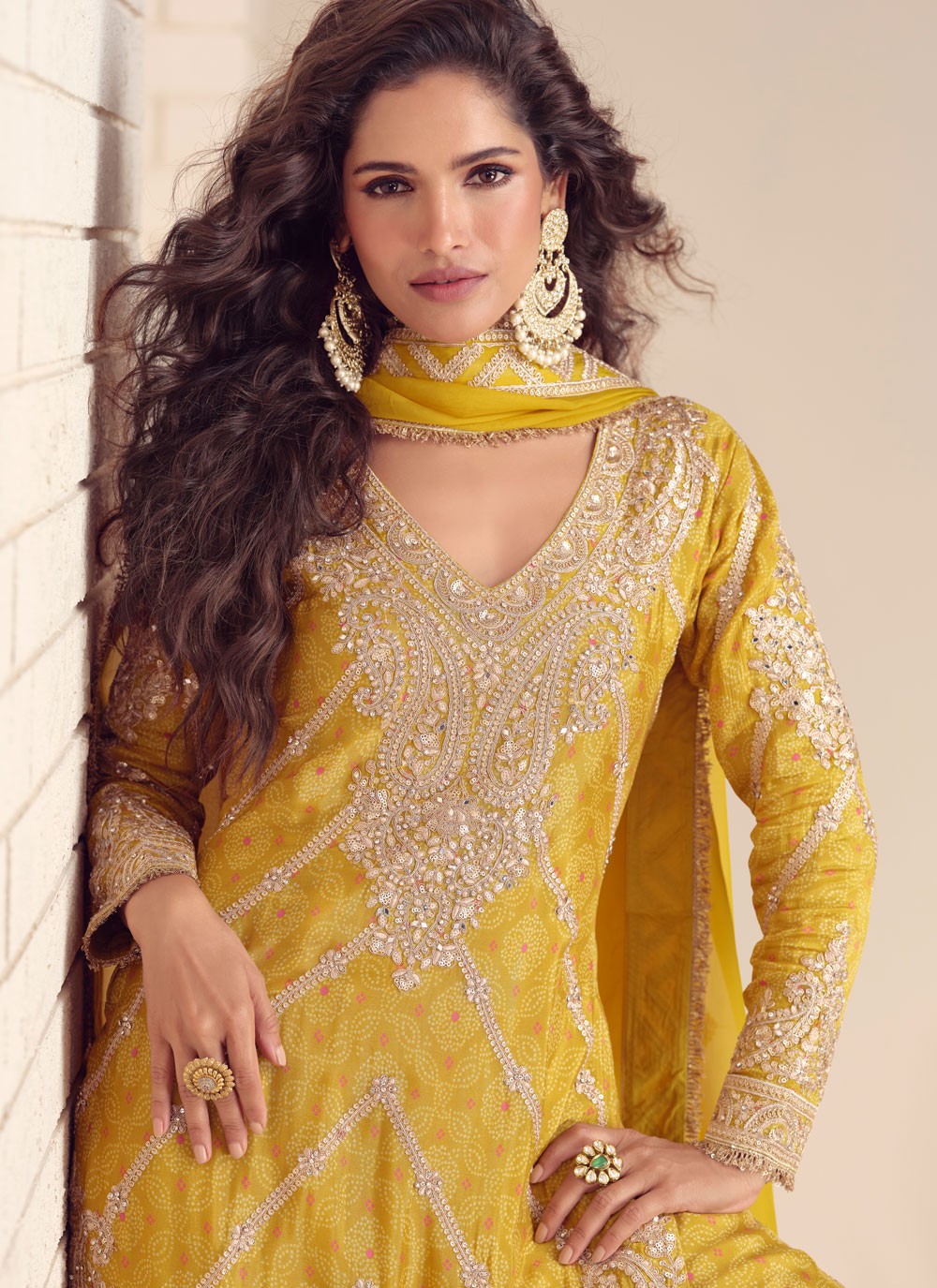Palazzo Suit Digital Print, Embroidered, Sequins, Zari Yellow T8134
