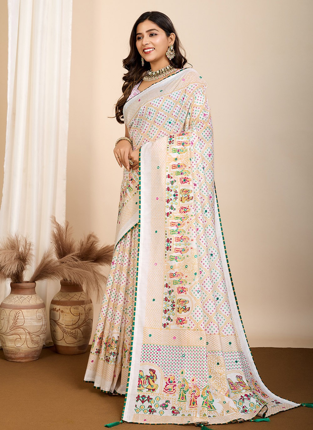 Contemporary Digital Print Off White Cotton Saree S13537