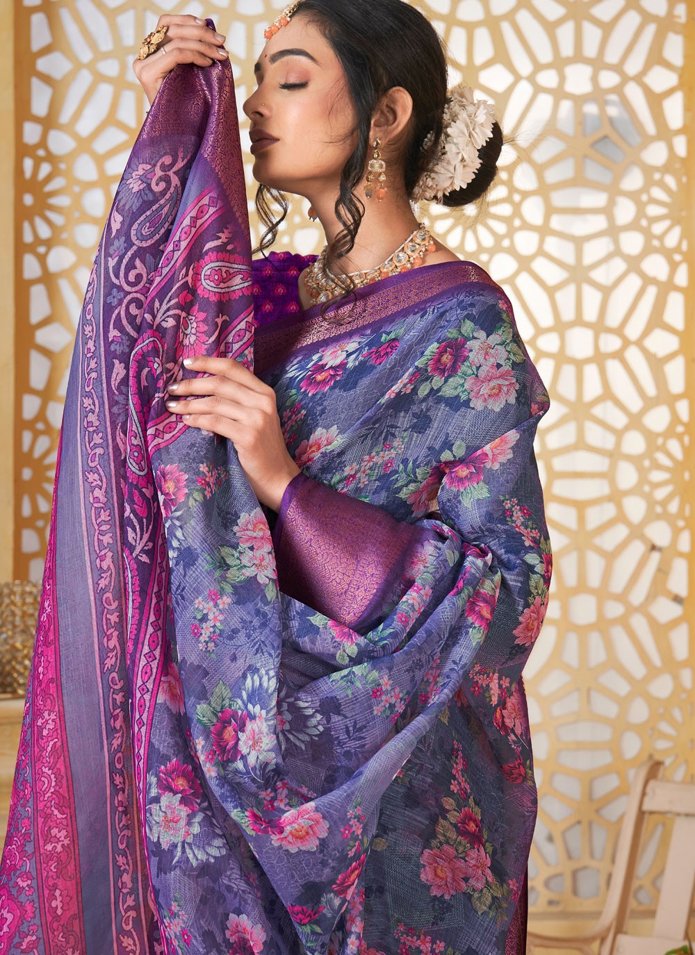 Digital Print Linen Navy Blue Saree S14710