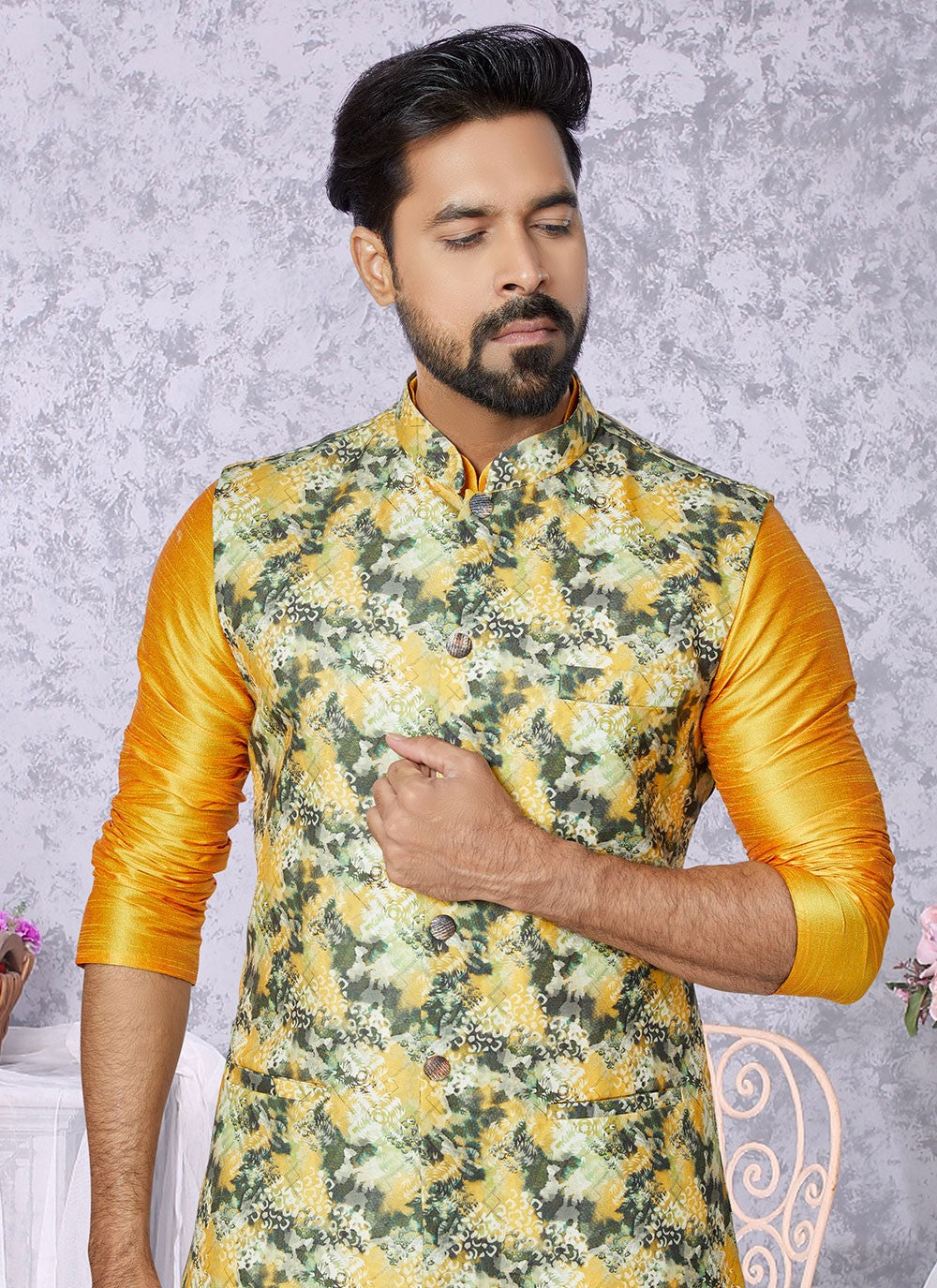 Digital Print Cotton , Dupion Silk Multi Colour, Mustard Kurta Payjama With Jacket - M5527