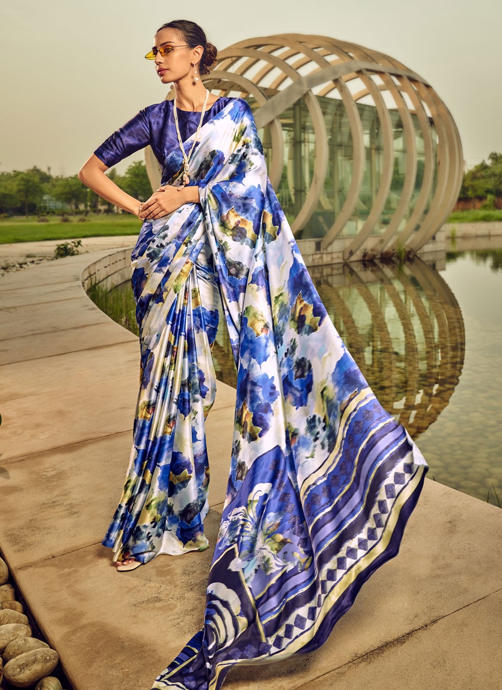 Classic Digital Print Satin Saree - S4000