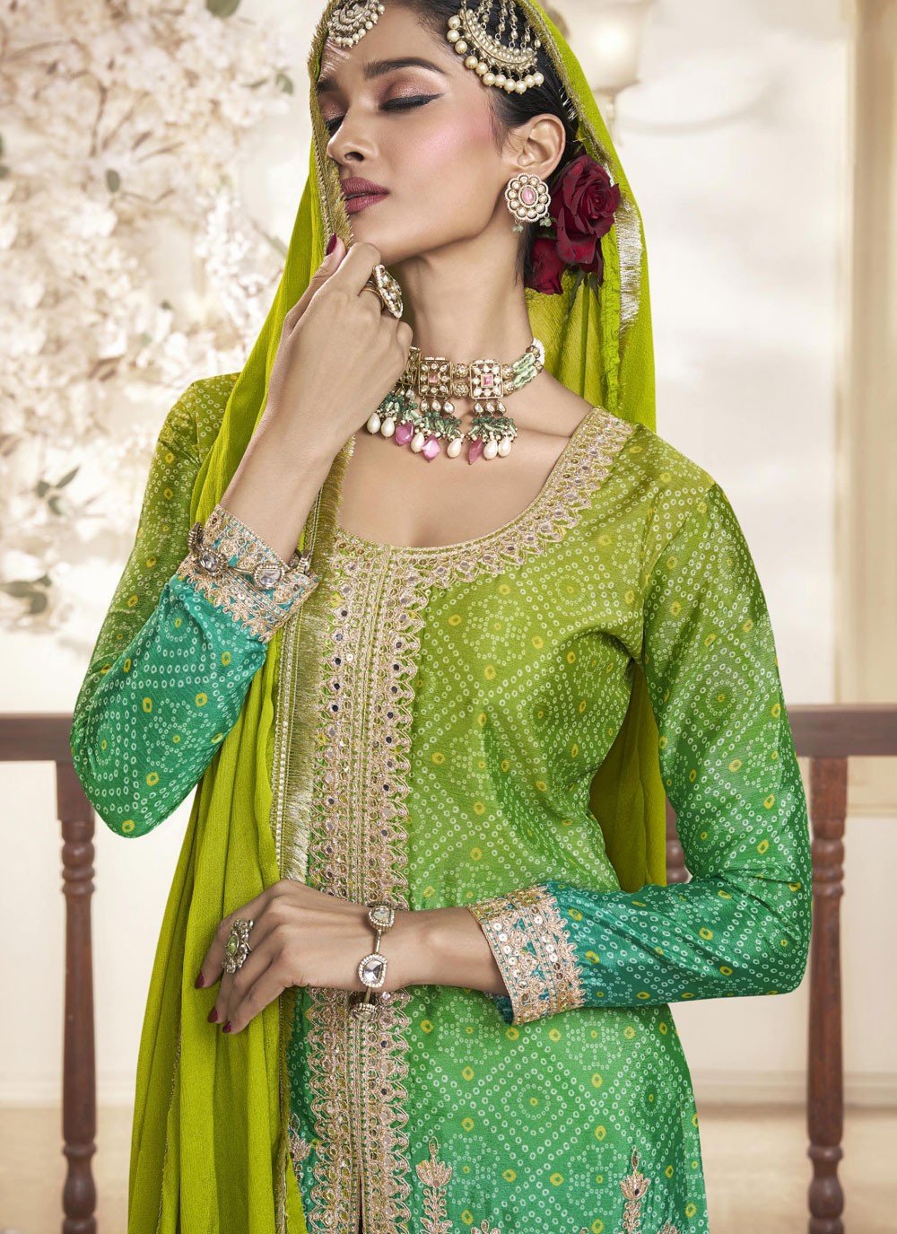 Salwar Suit Digital Print Green, Turquoise Chinon T5420