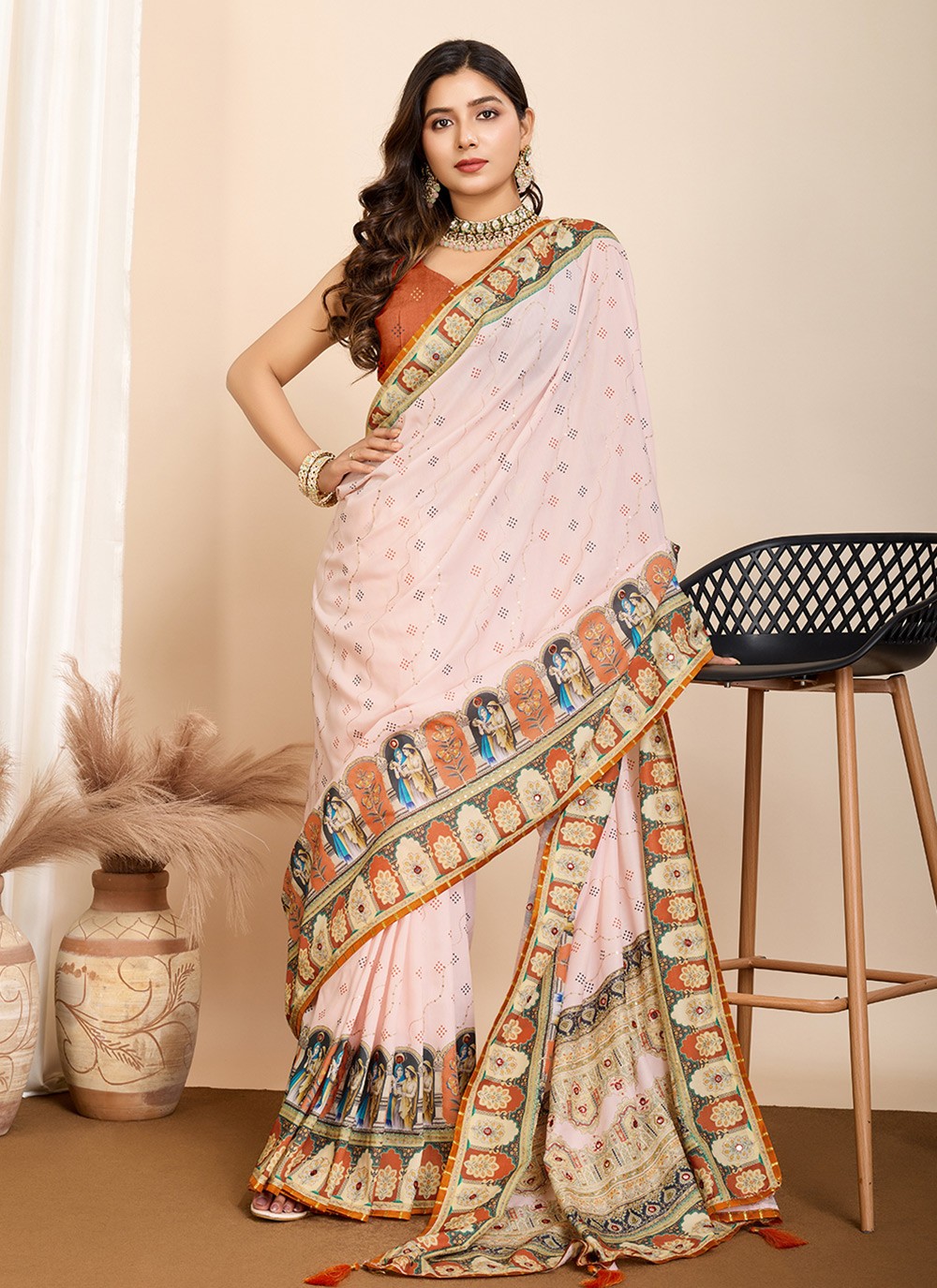 Traditional Digital Print Orange Cotton Saree S13479