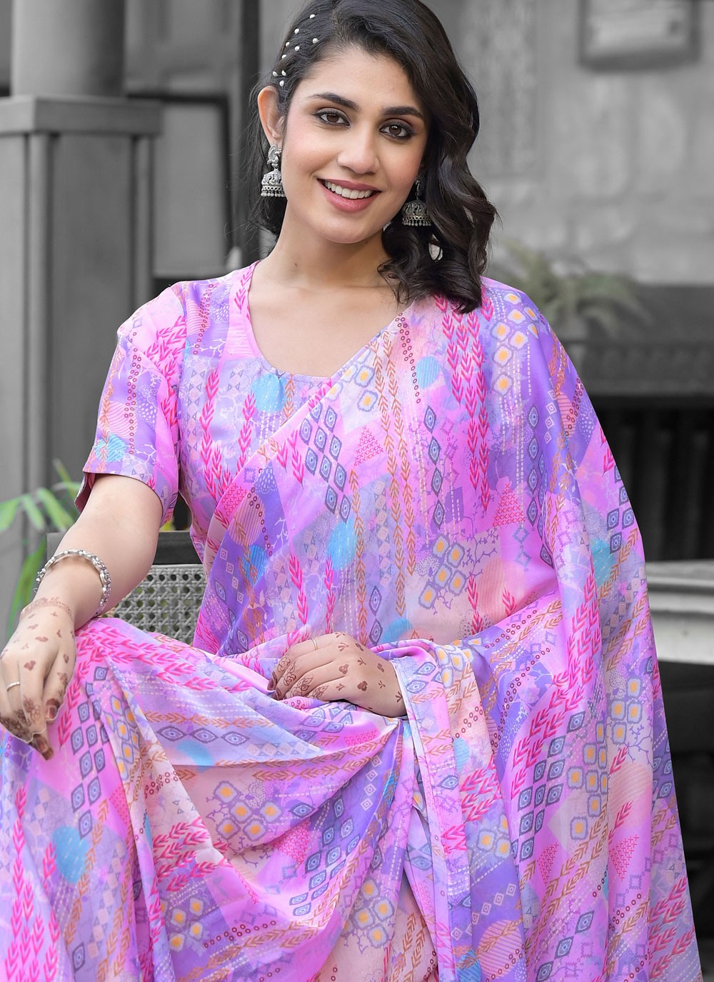 Digital Print Georgette Pink Saree S14536