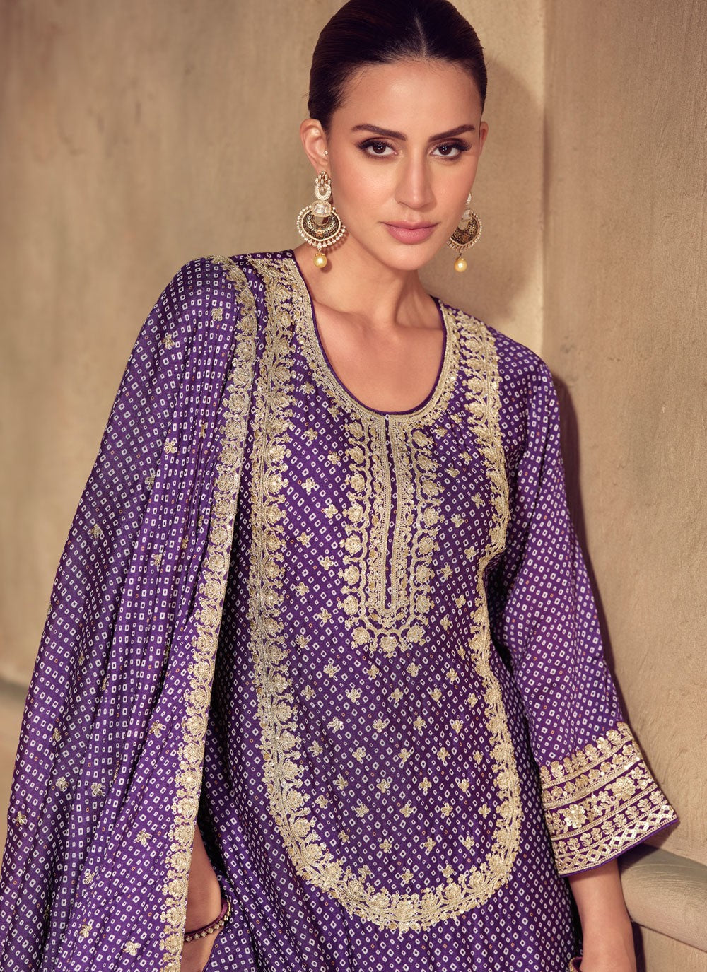 Palazzo Suit Digital Print, Embroidered, Zari Purple T7805