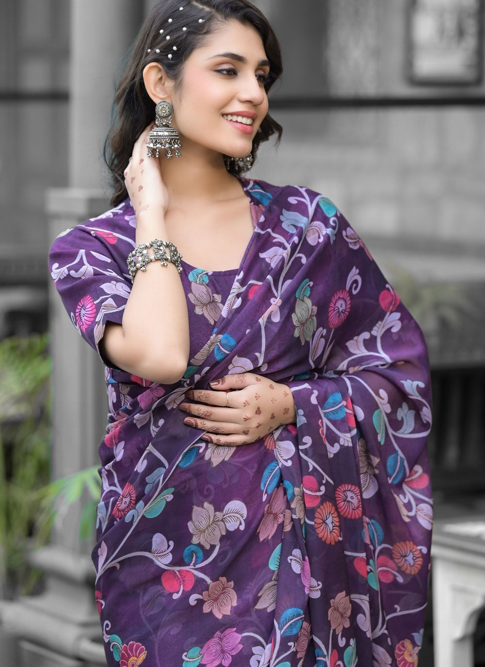 Digital Print Georgette Purple Saree S14539