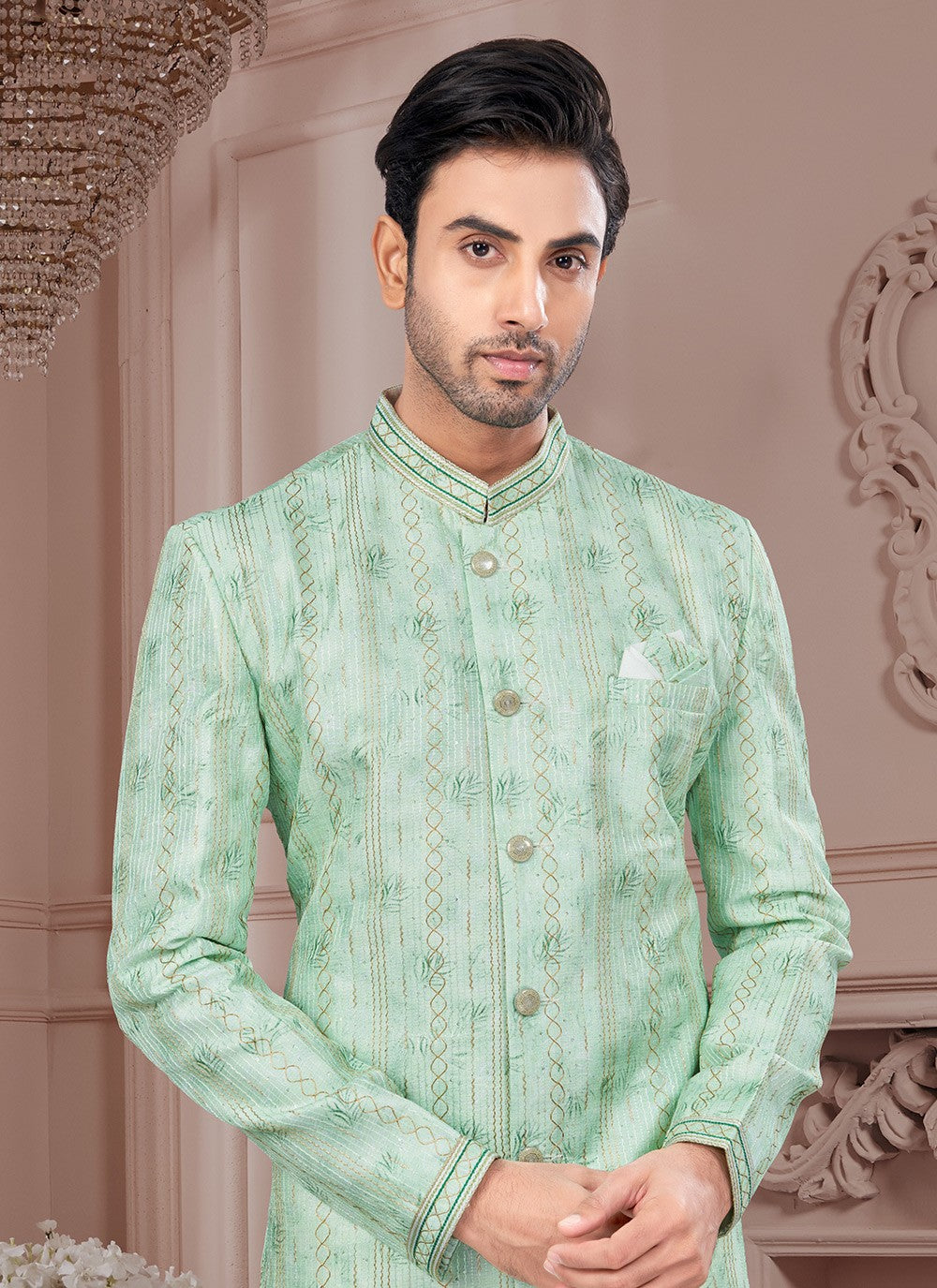 Digital Print Imported, Silk Green Indo Western Sherwani - M8627