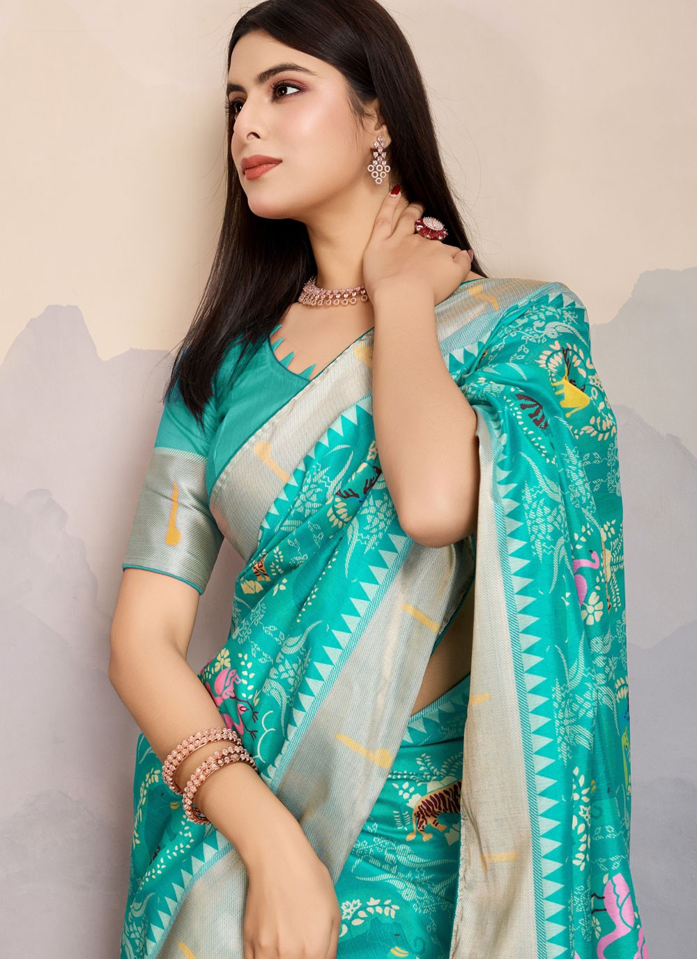 Digital Print Pure Dola Turquoise Designer Saree S14911