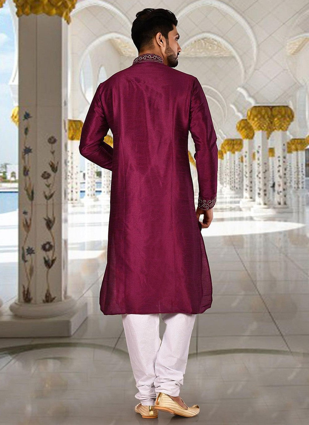 Aari Work Dupion Silk Purple Kurta Pyjama - M2282