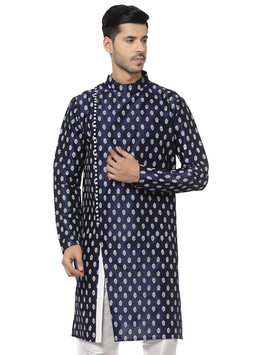 Printed Dupion Silk Navy Blue Angrakha - M3177
