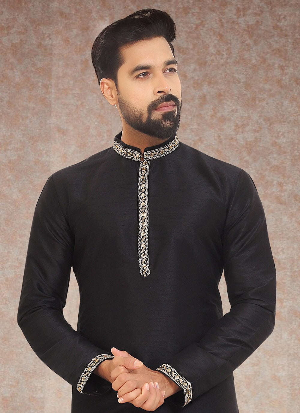 Embroidered Dupion Silk Black Kurta Pyjama - M3341