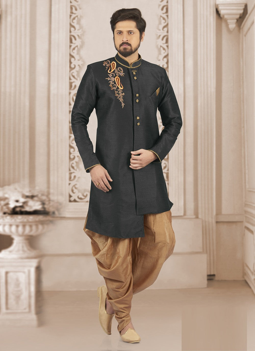 Embroidered Dupion Silk Black Indo Western - M6378