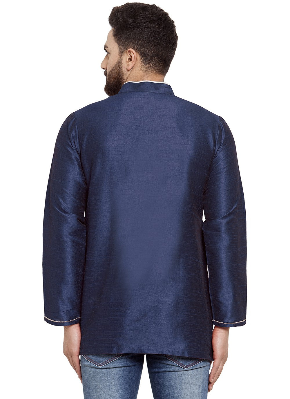 Machine Embroidery Dupion Silk Blue Short Kurta - M5734