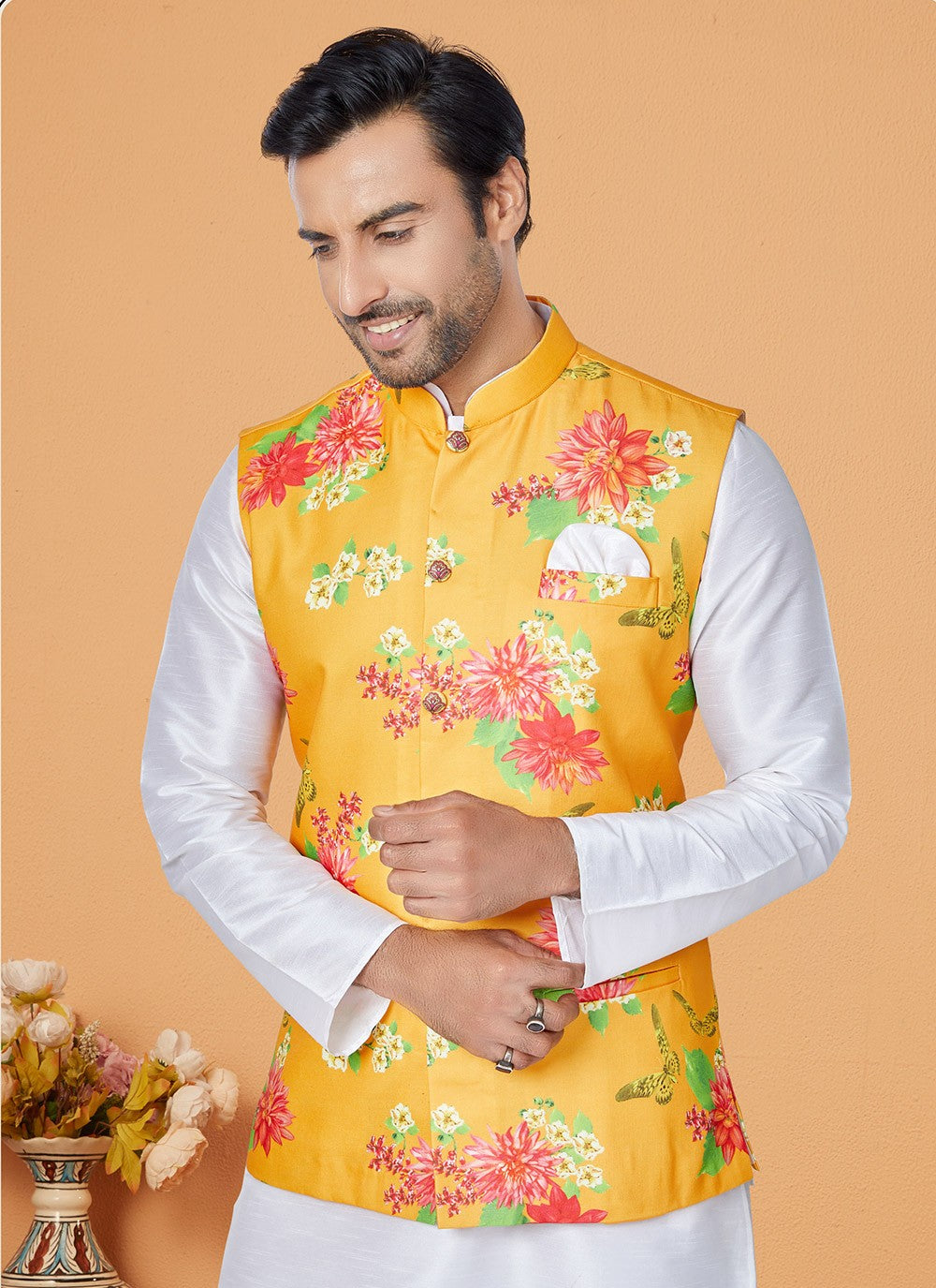Digital Print Cotton , Dupion Silk Mustard, White Kurta Payjama With Jacket - M5518