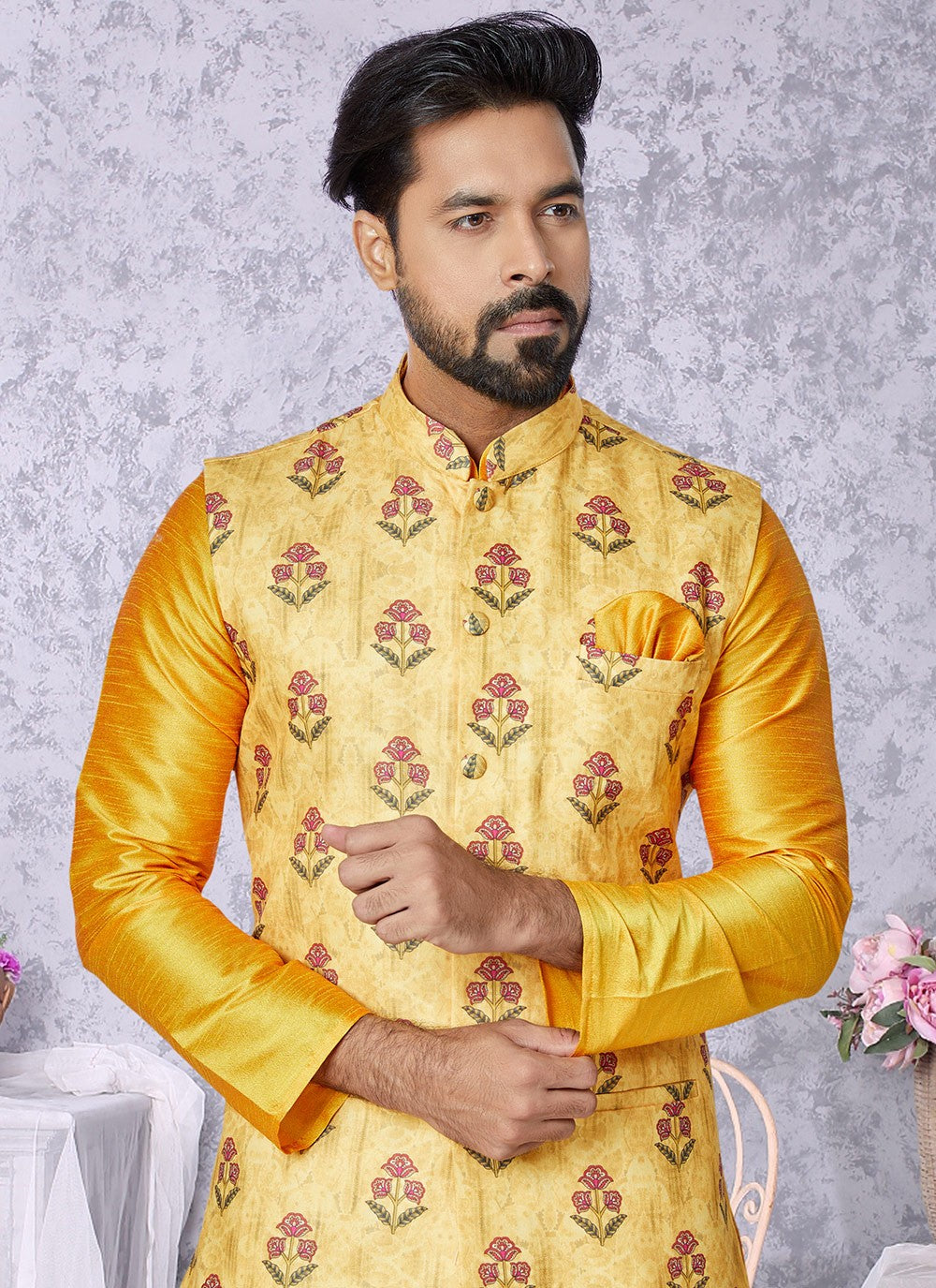 Digital Print Cotton , Dupion Silk Mustard, Yellow Kurta Payjama With Jacket - M5523