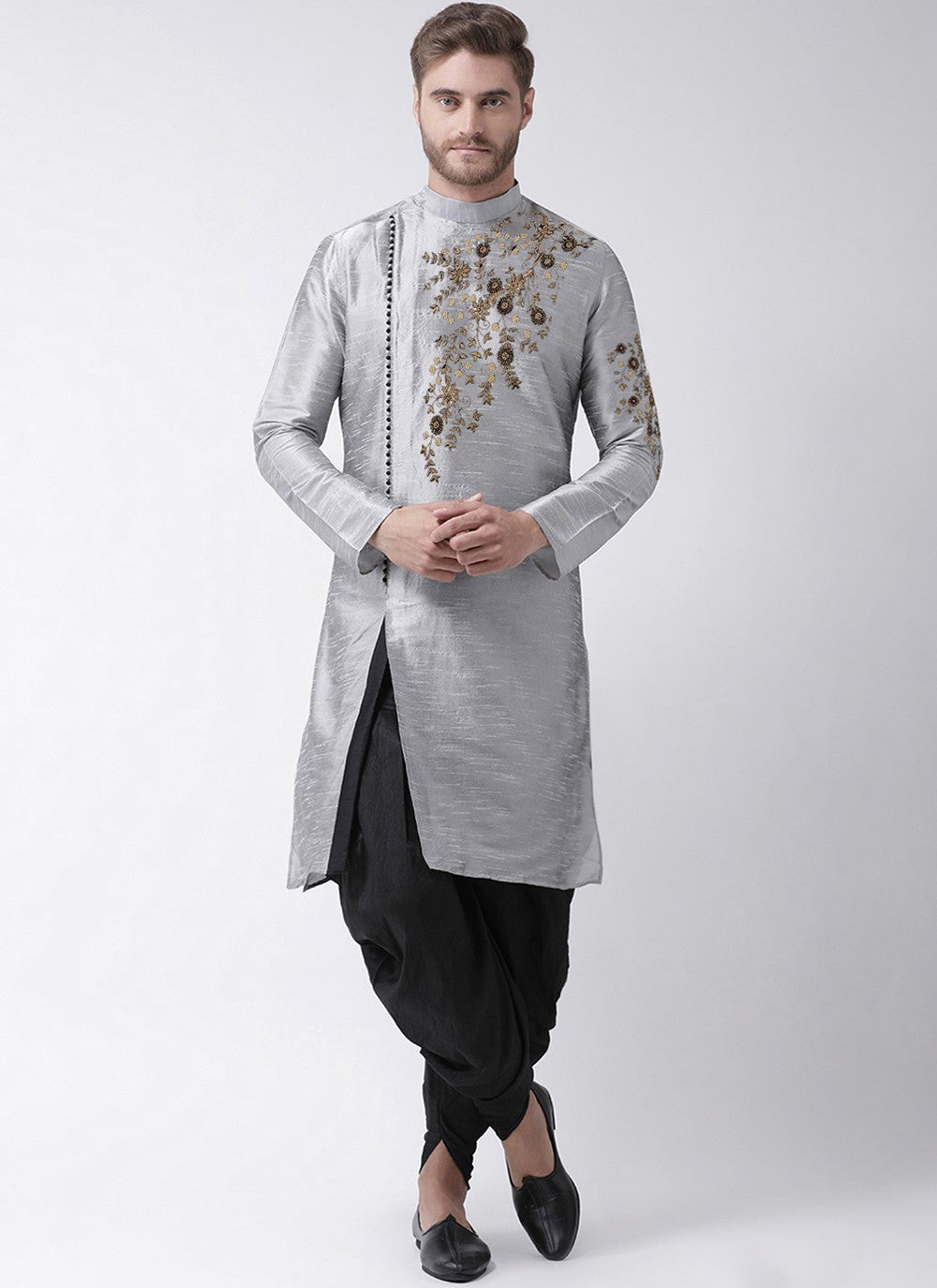Embroidered Dupion Silk Grey Angrakha - M3201