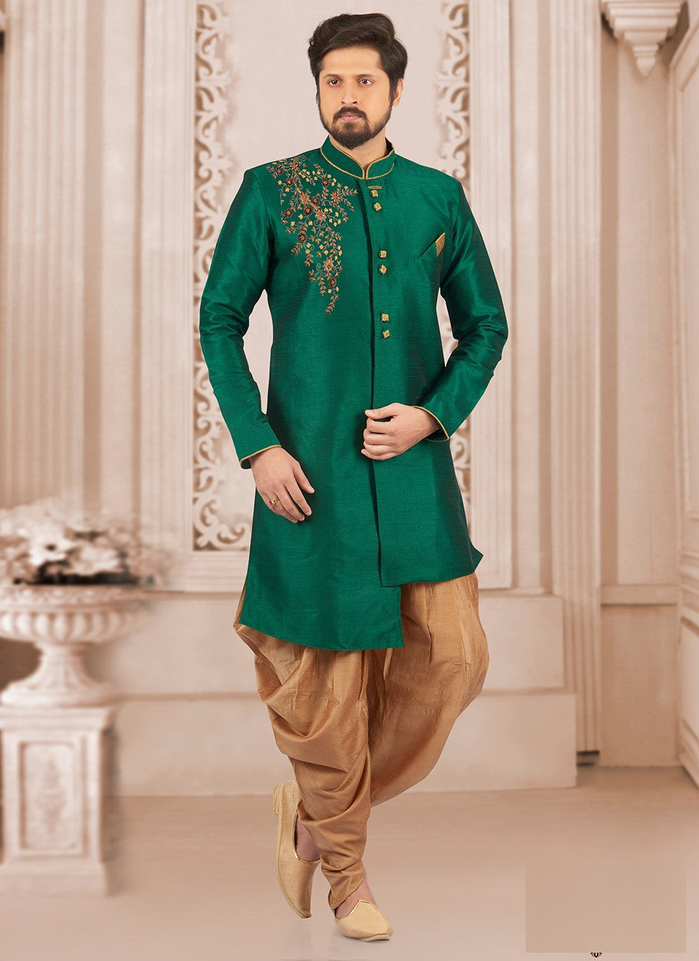 Embroidered Dupion Silk Green Indo Western - M6384