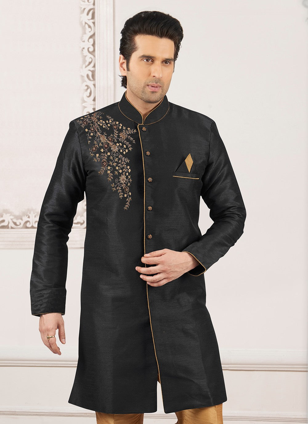 Embroidered Dupion Silk Black Kurta - M6290