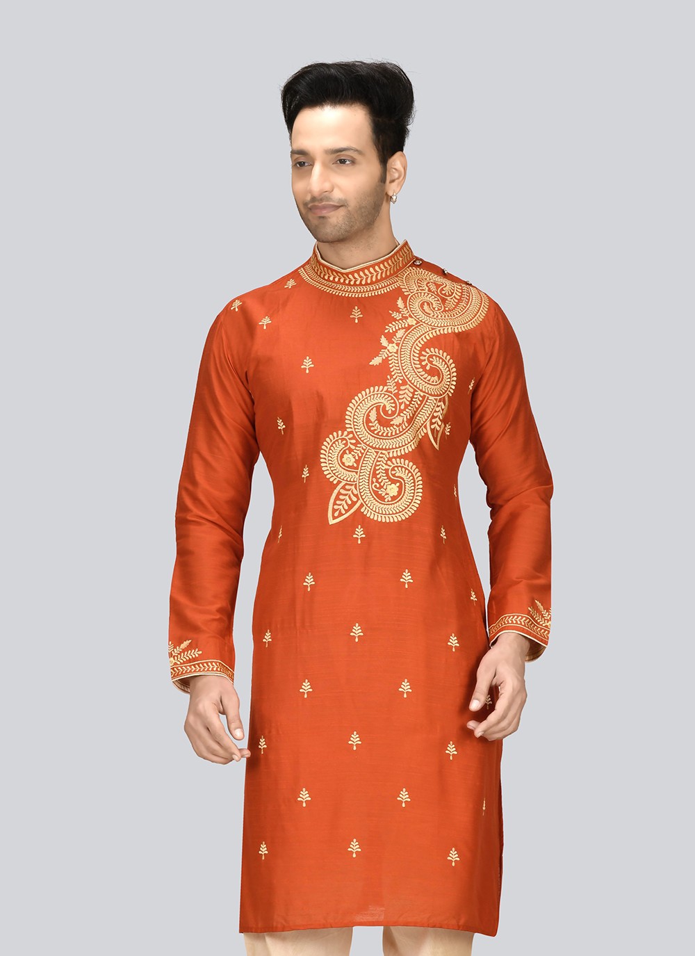 Embroidered Dupion Silk Orange Kurta - M2377