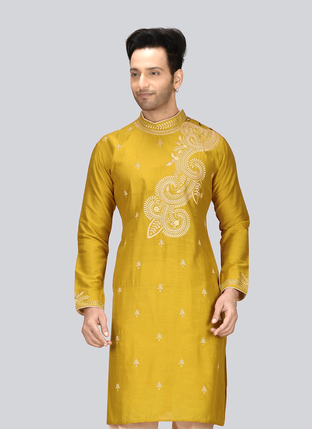 Embroidered Dupion Silk Yellow Kurta - M2378