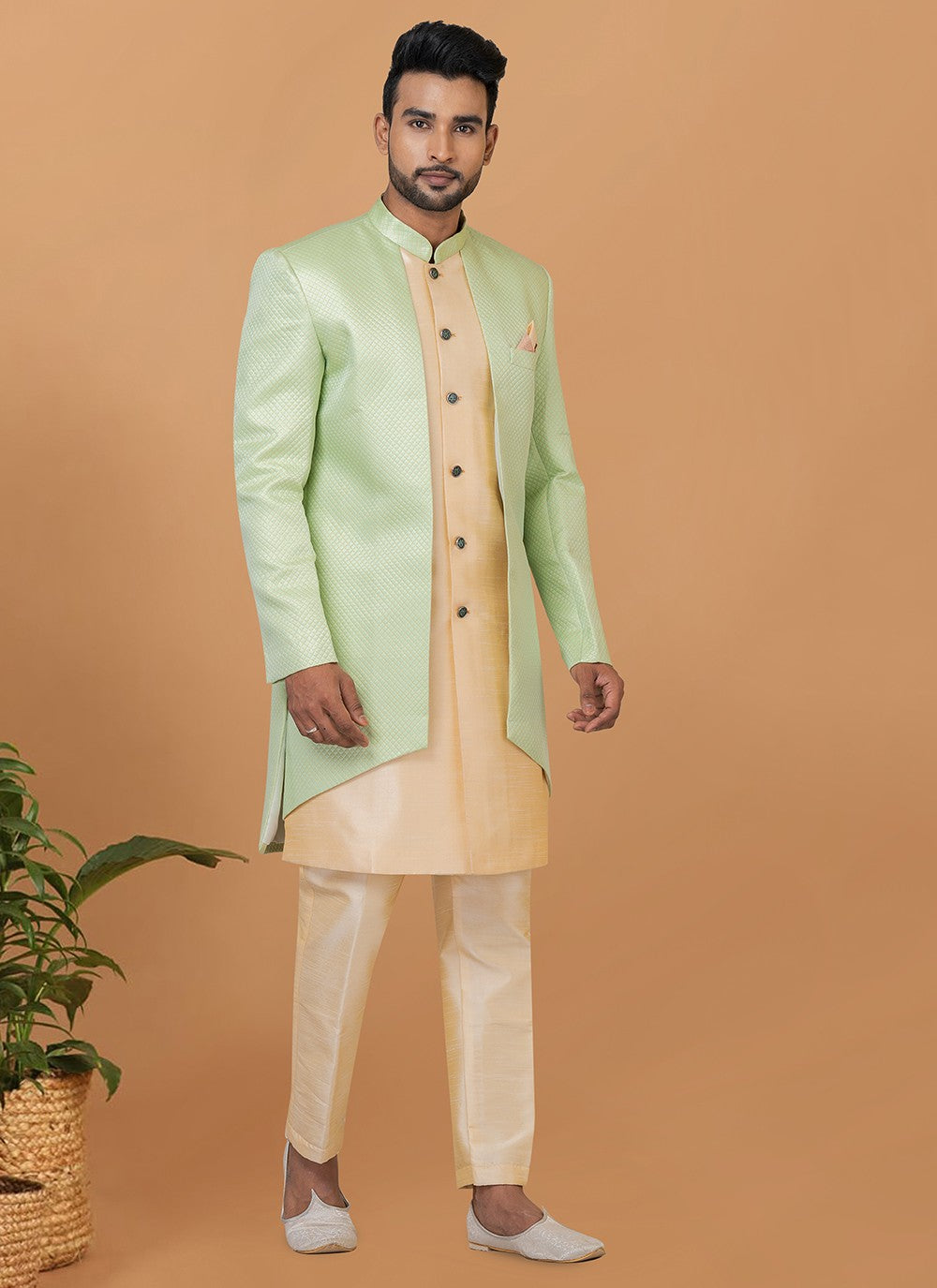 Fancy Work Dupion Silk, Jacquard Silk Cream, Green Indo Western Sherwani - M5979