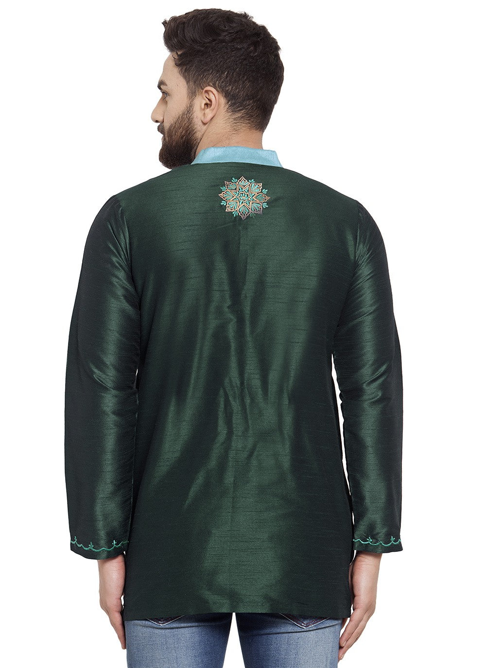 Machine Embroidery Dupion Silk Green Short Kurta - M5719