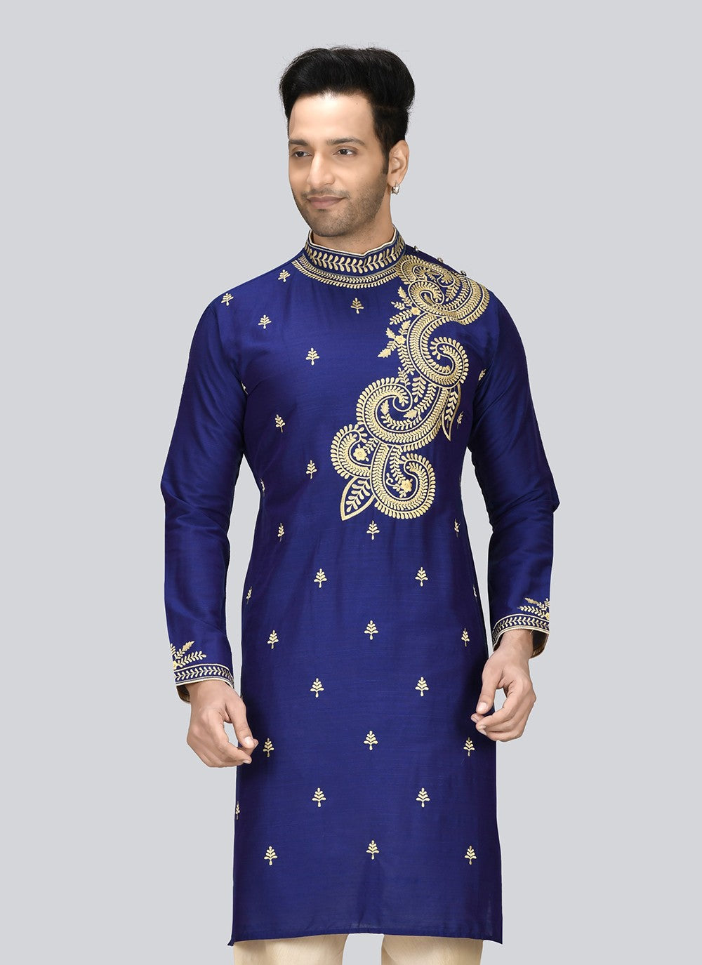 Embroidered Dupion Silk Blue Kurta - M2381