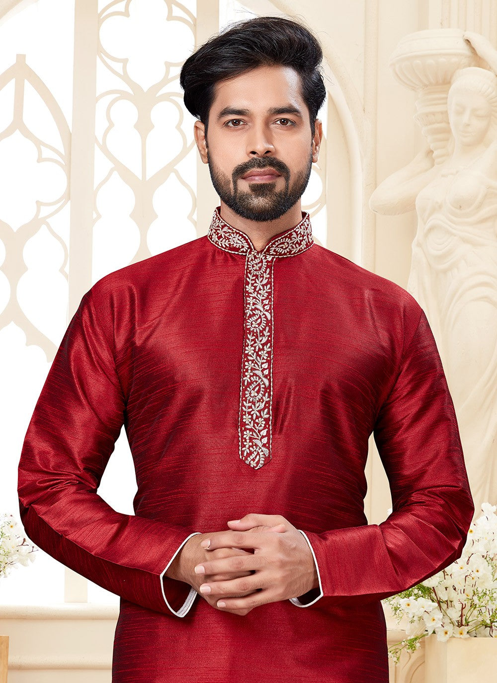 Embroidered Dupion Silk Maroon Kurta - M5595