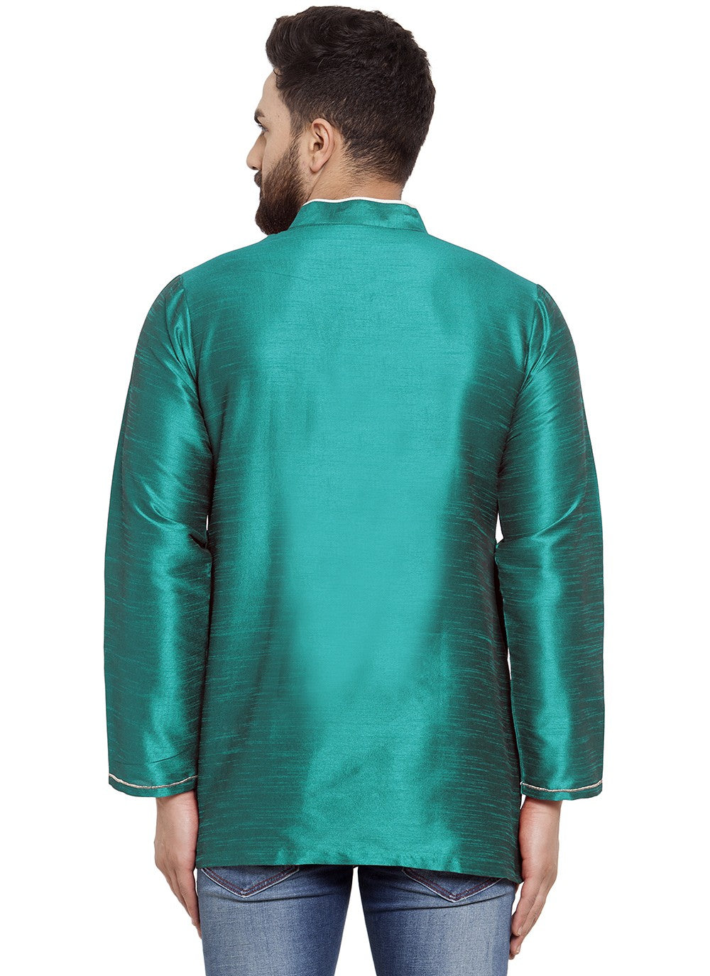 Machine Embroidery Dupion Silk Sea Green Short Kurta - M5735