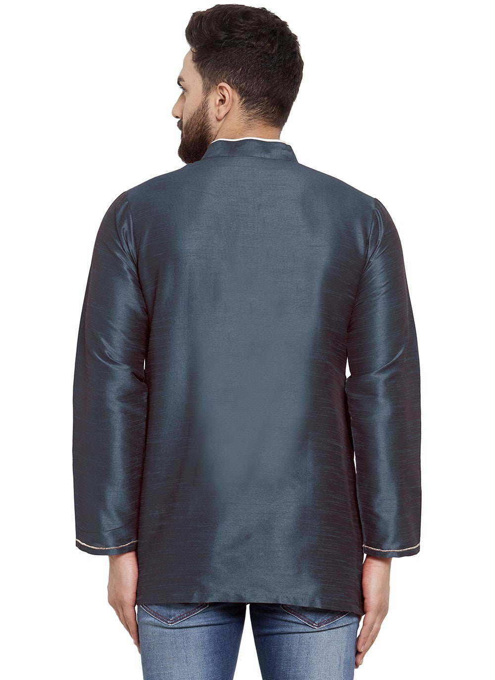 Machine Embroidery Dupion Silk Blue Short Kurta - M5729