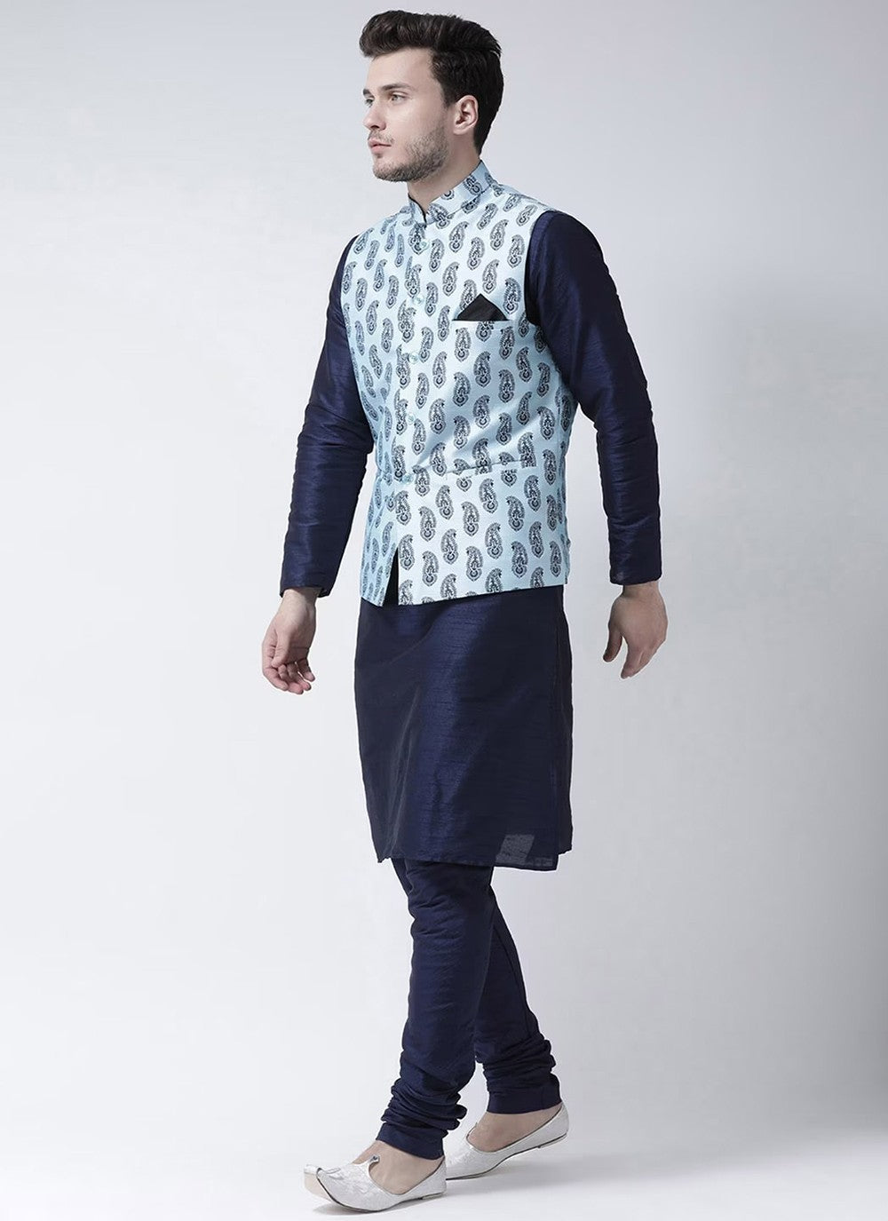 Printed Dupion Silk Navy Blue, Turquoise Kurta Payjama With Jacket - M6278