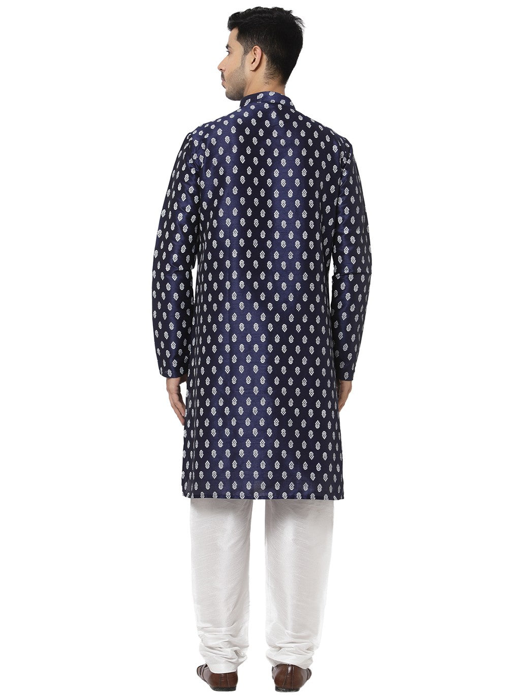 Printed Dupion Silk Navy Blue Angrakha - M3196