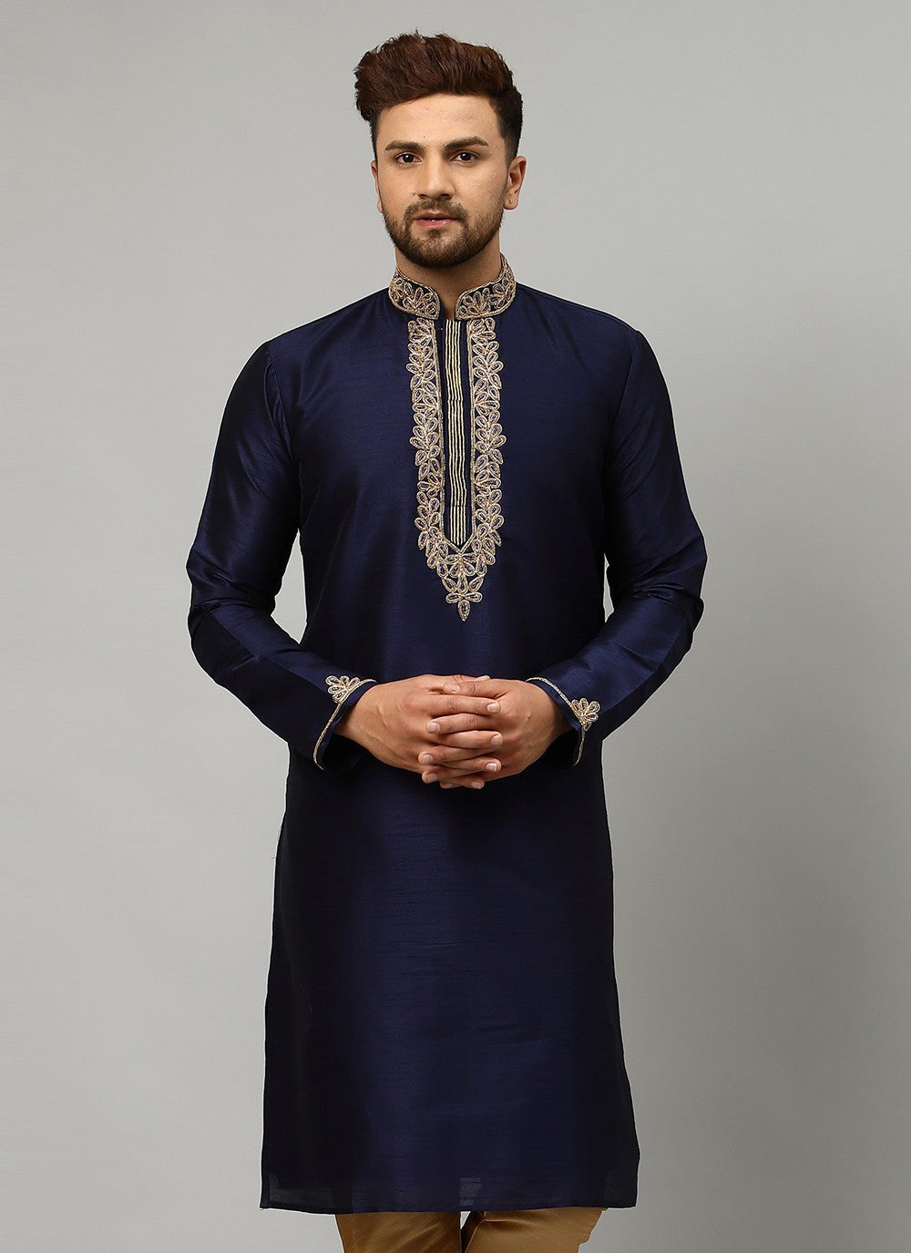 Embroidered Dupion Silk Navy Blue Kurta - M1899
