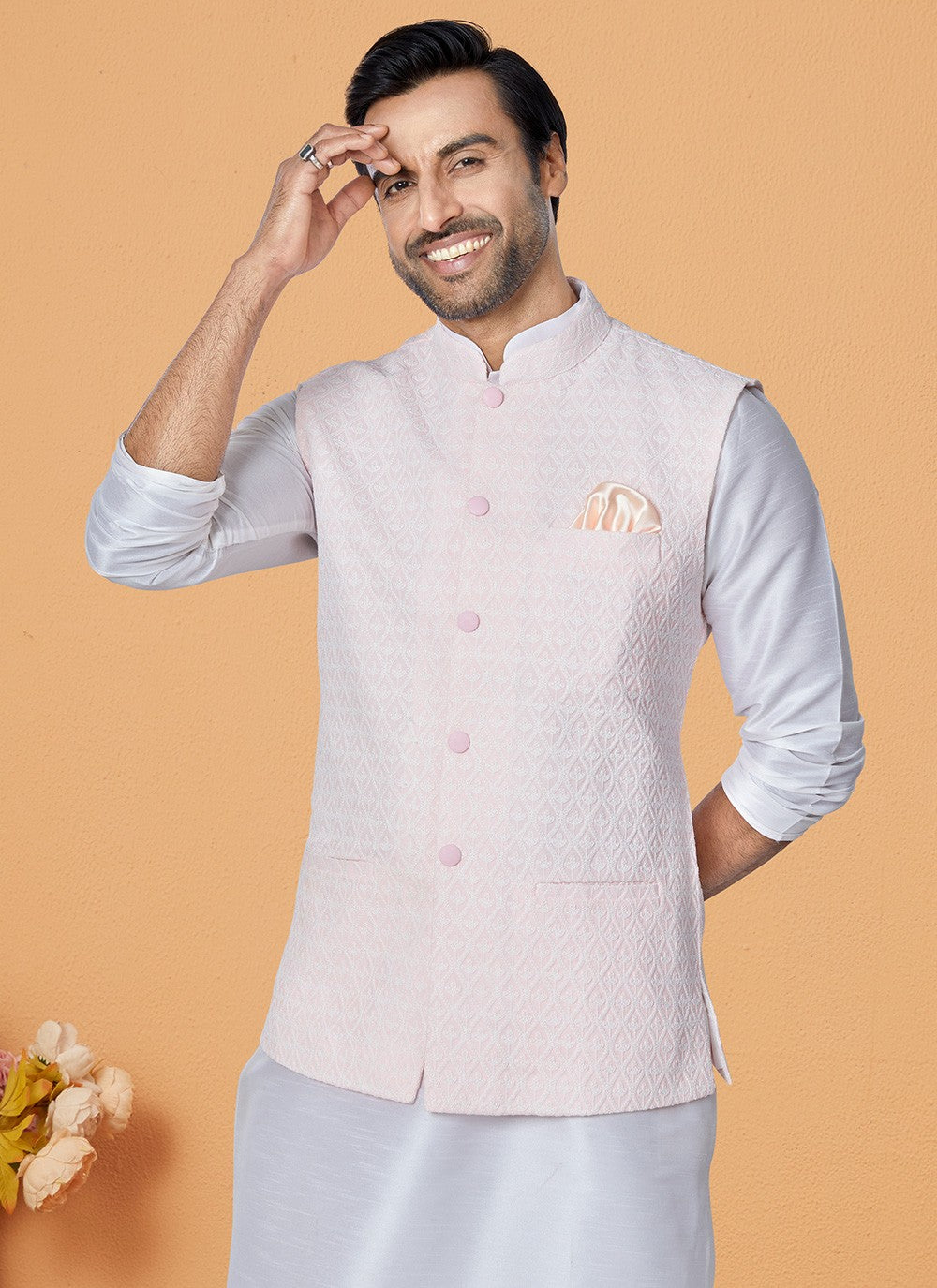 Resham Thread Work Dupion Silk, Viscose Off White, Pink Kurta Payjama With Jacket - M5473